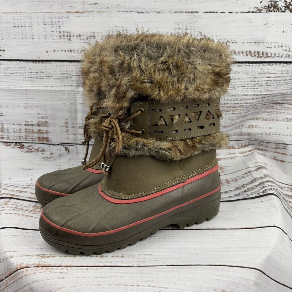 Khombu Nola Snow Winter Leather Faux Fur Brown Pink Lace Up Boots WOMENS SIZE 6M